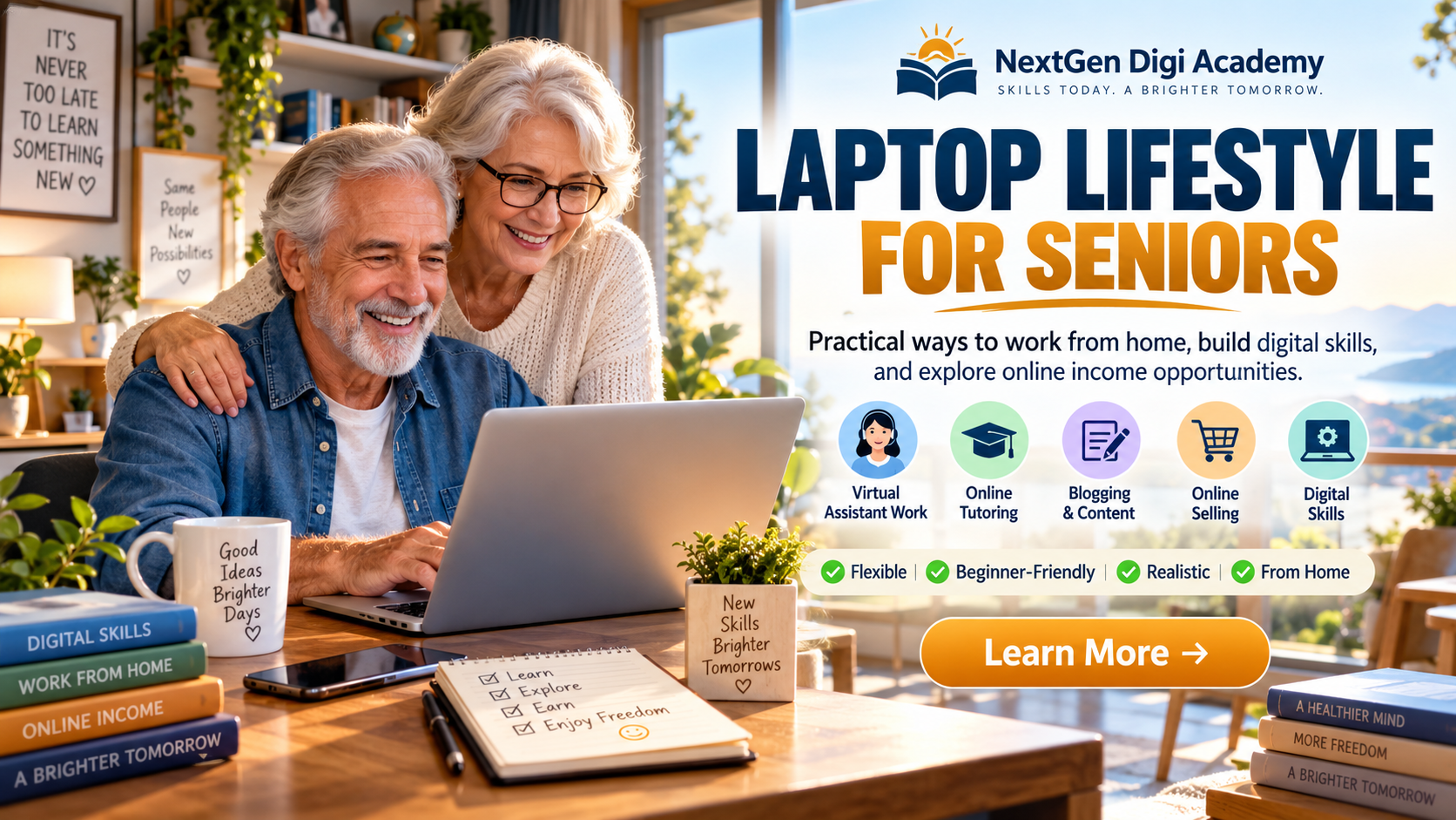 Laptop Lifestyle for Seniors — practical ways to work from home, build digital skills, and explore online income opportunities. Learn more at NextGen Digi Academy.