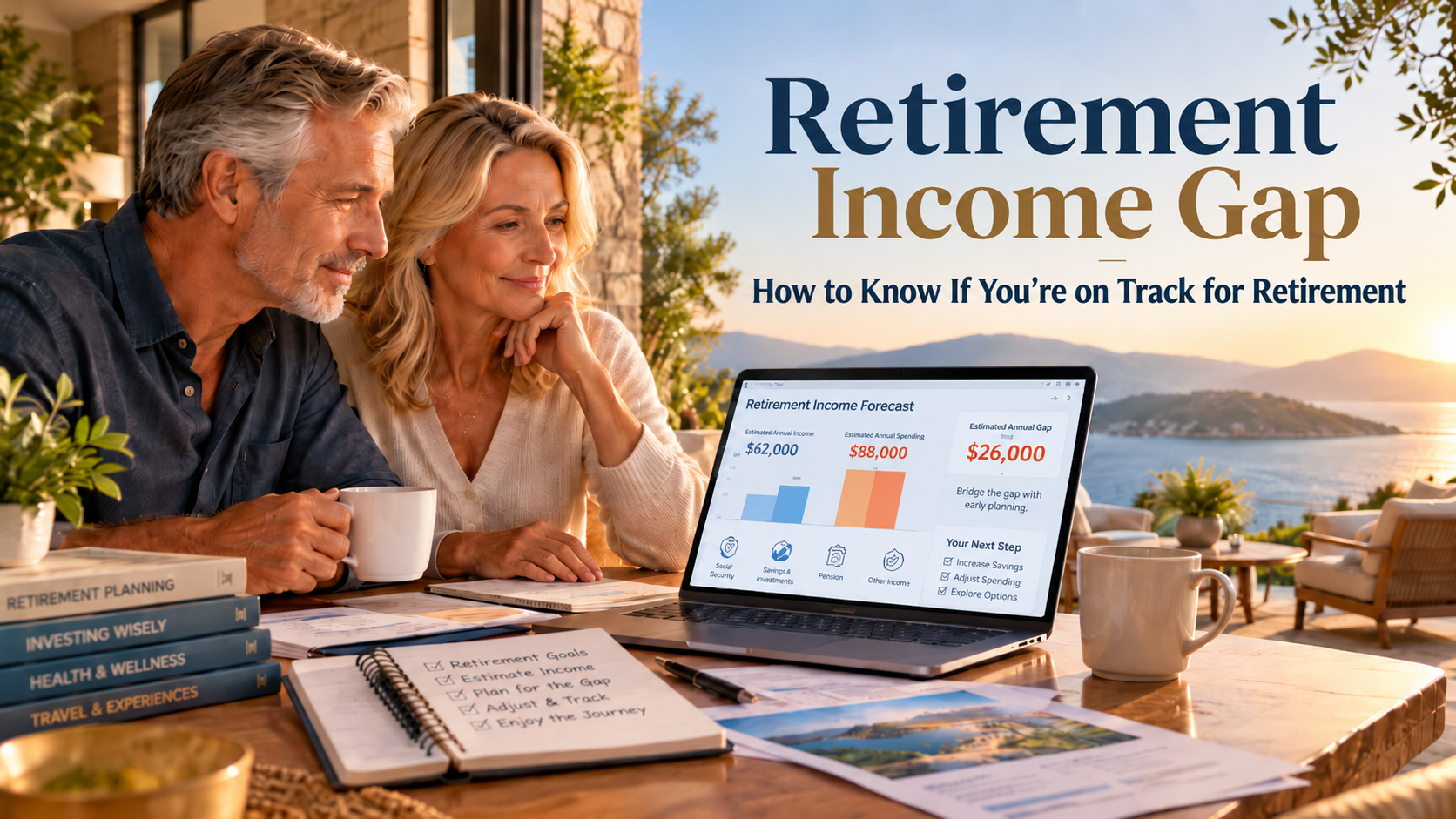 Couple reviewing a retirement income projection on a laptop, with the title Retirement Income Gap: How to Know If You’re on Track for Retirement.