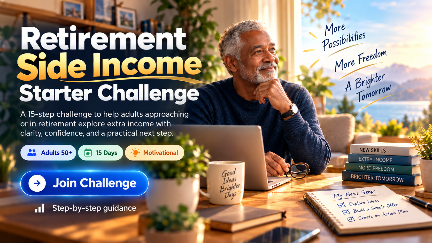 Retirement Side Income Starter Challenge — a 15-step challenge to help adults approaching or in retirement explore extra income with clarity, confidence, and a practical next step.
